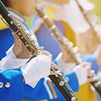 Close up show band parade and details of playing musicians instr